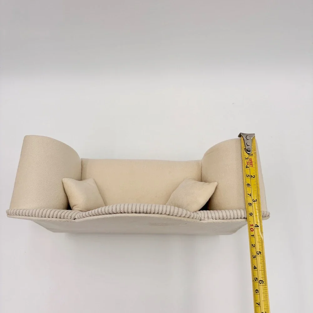 Cream Velvet Miniature Sofa Jewelry Box Scalloped Couch Trinket Organizer Mirror